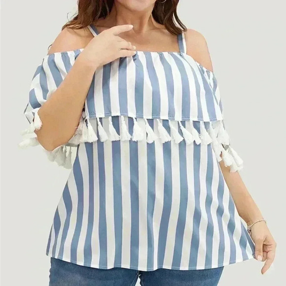 NWT!Stripe print tassel trim cold shoulder blouse size 10 or medium - Picture 1 of 6